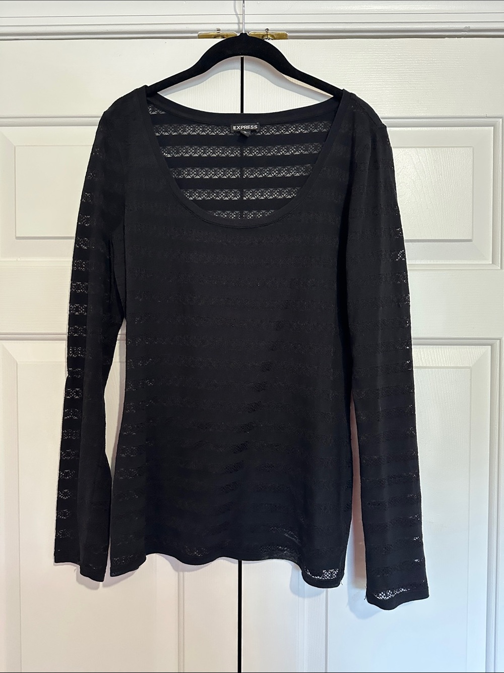 Express Black Long-Sleeve Lace Knit Scoop Neck Top